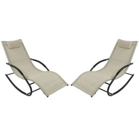 Set of 2 Beige Rocking Chaise Lounger Patio Lounge Chair with Pillow