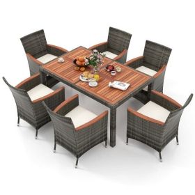 7 Pieces Patio Acacia Wood Cushioned PE Rattan Wicker Dining Set