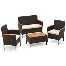 4 Piece Patio Wicker Sofa Set 2 Rattan Chairs and Loveseat with Table-Brown
