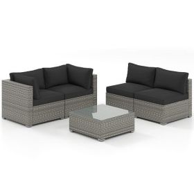 5-Piece Outdoor Patio Sectional Sofa Couch and Glass Coffee Table with Cushions-Black