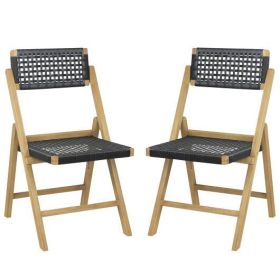 Set of 2 Folding Chairs Indonesia Teak Wood Dining Chairs with Woven Rope Seat and Back
