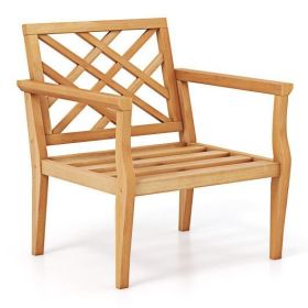 Teak Wood Slatted Patio Chair Armchair with Cozy Backrest and Armrests
