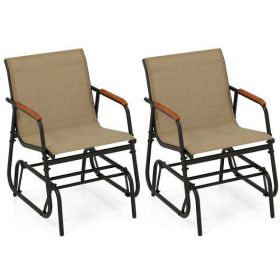Patio Glider Chair Set of 2 with Curved Teak Armrests and Breathable Fabric Seat-Brown